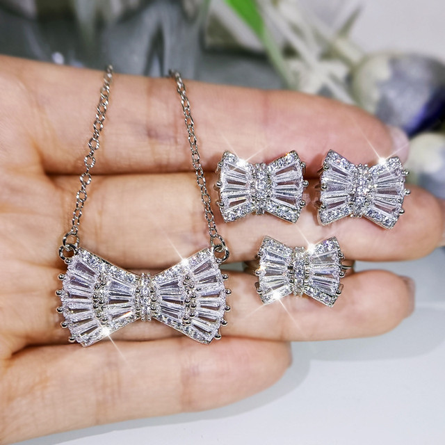 New Elegant Bow Jewelry Set With Fashion T-Shaped Zircon Fine Necklace S925  Silver Ring For Women Wedding Party Unusual Earrings - AliExpress